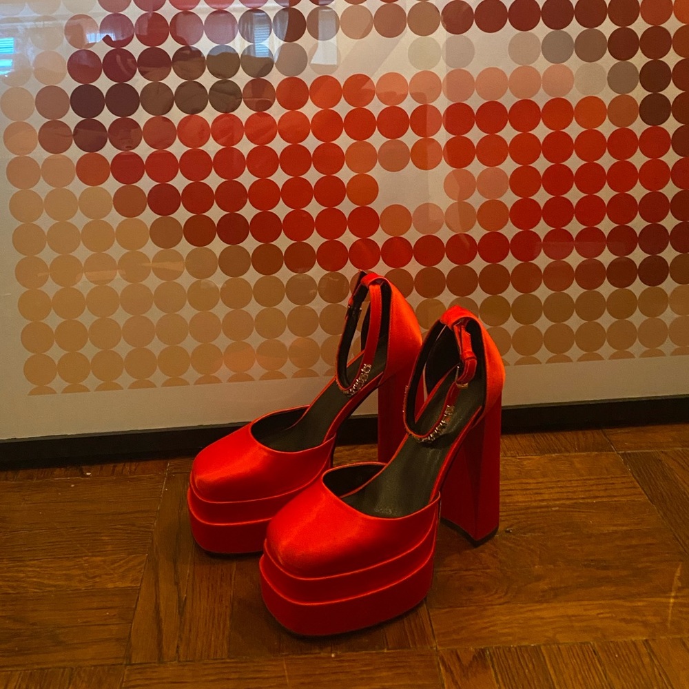 Red satin platform heels